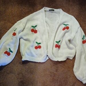 SHEIN White Cardigan with Cherry Embroidery